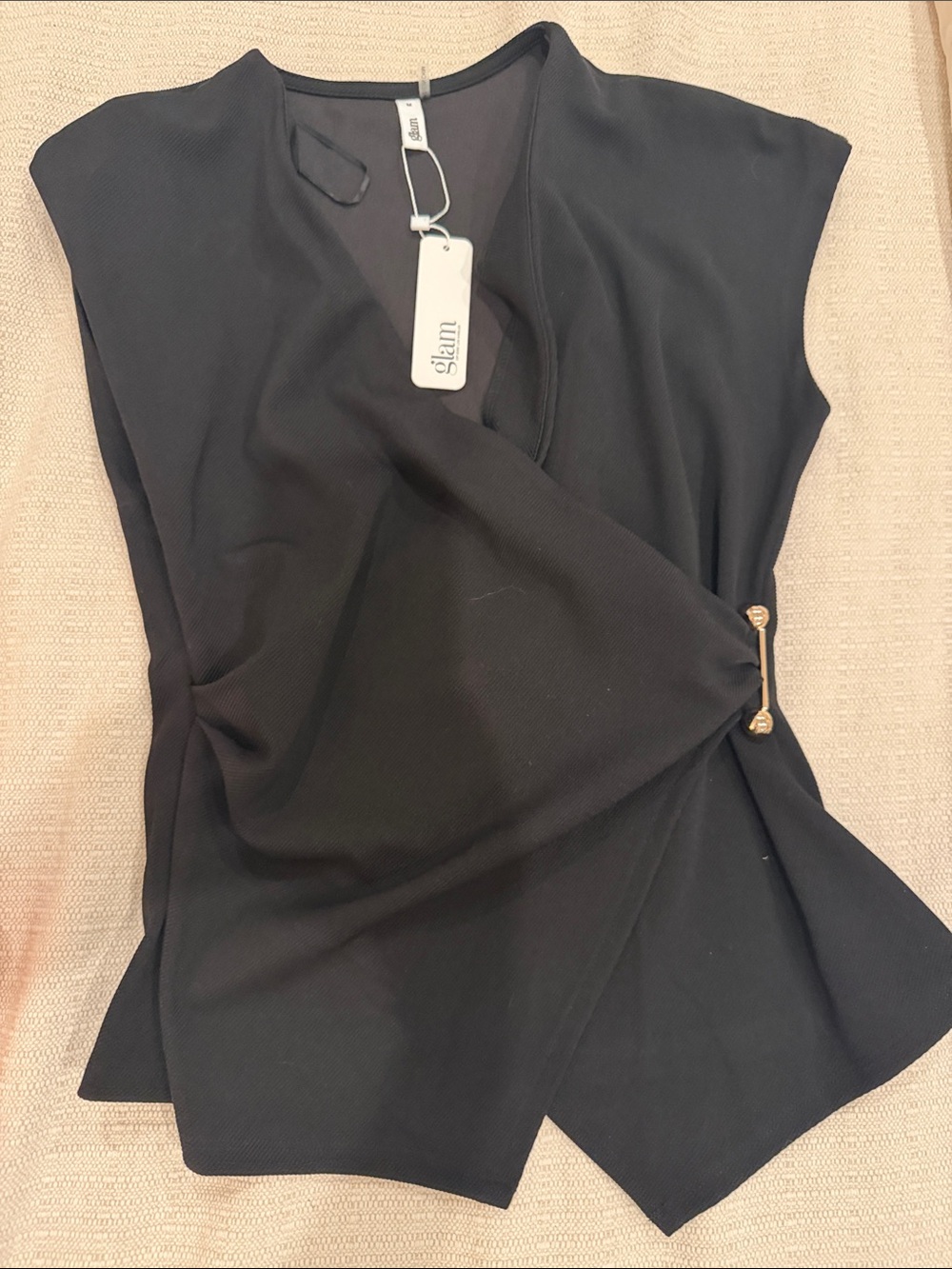 glam Black Draped Blouse with Gold Accent